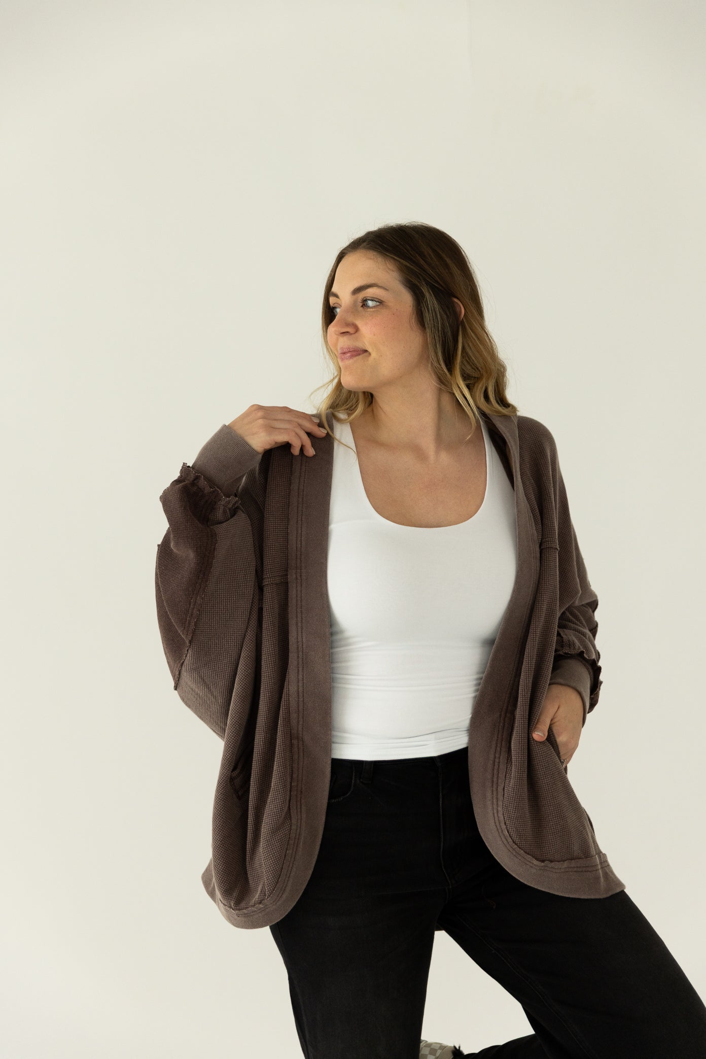 Waffle Knit Hooded Cardigan Brown