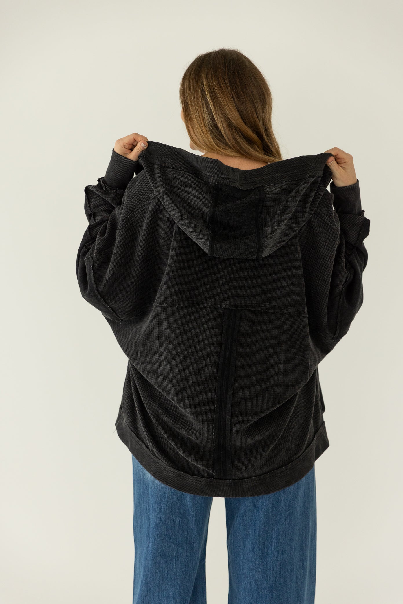 Waffle Knit Hooded Cardigan Black