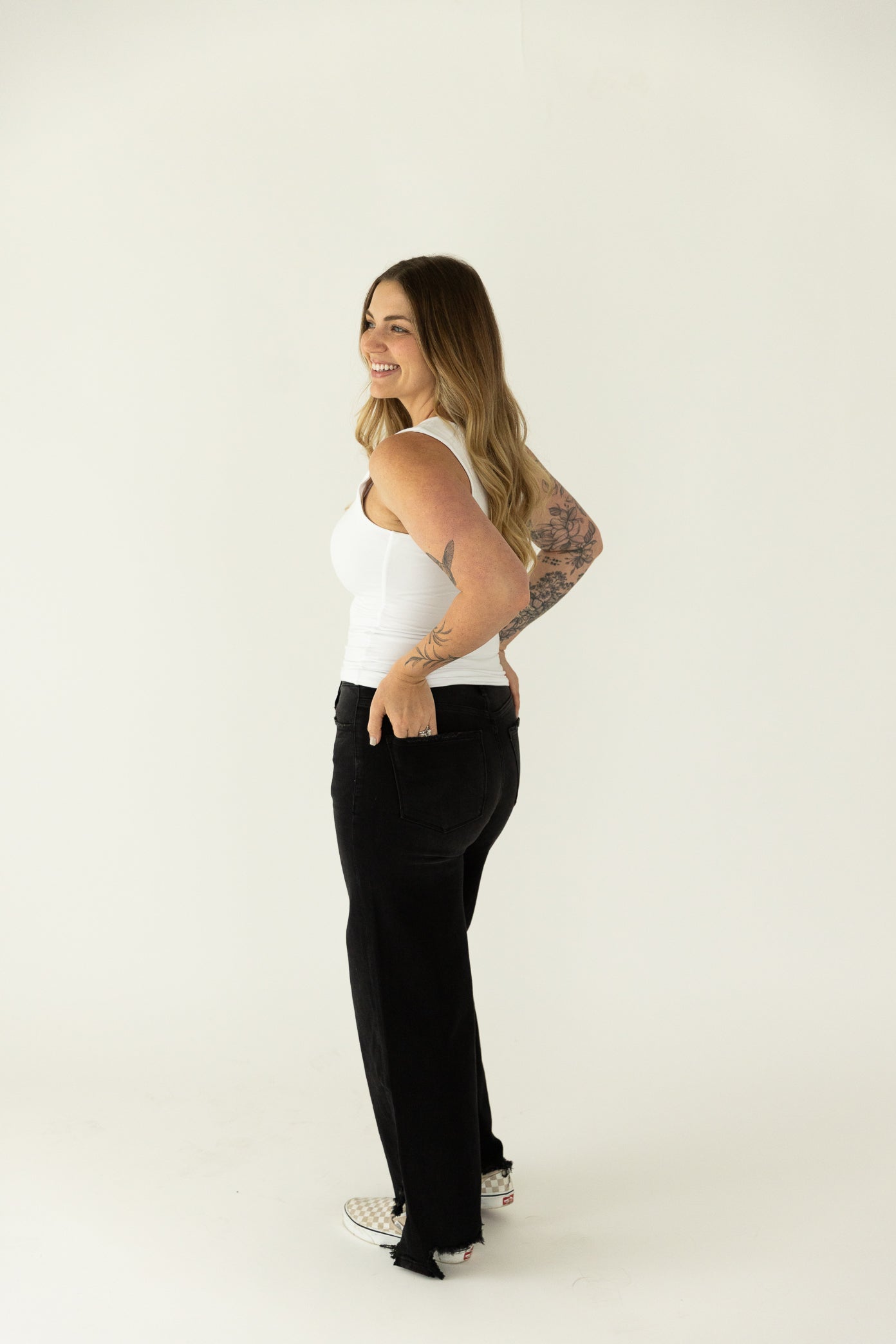 Black Distressed Hem Straight Fit Jeans