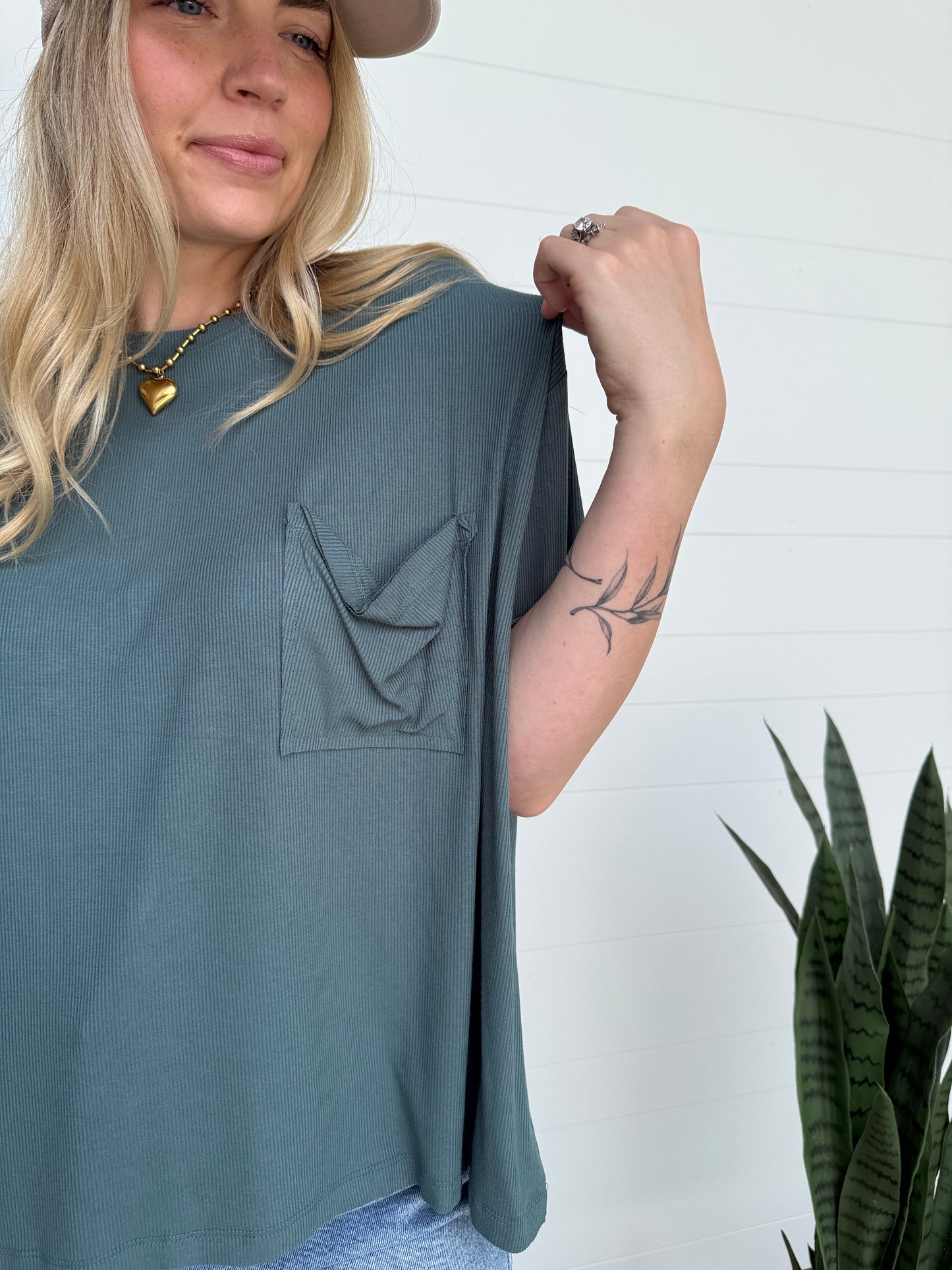 Jade Ribbed Pocket Tee