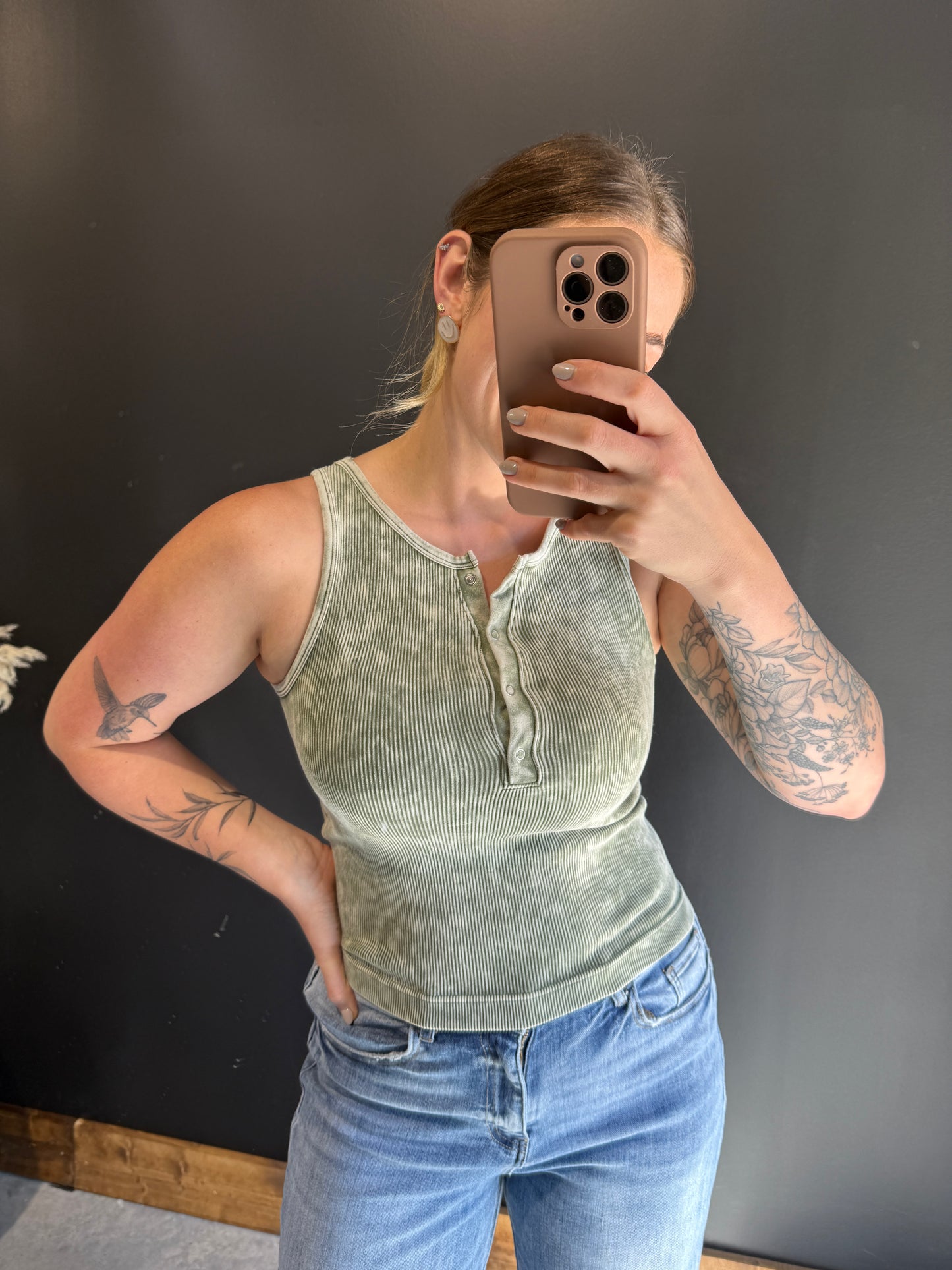 Olive Mineral Wash Ribbed Tank