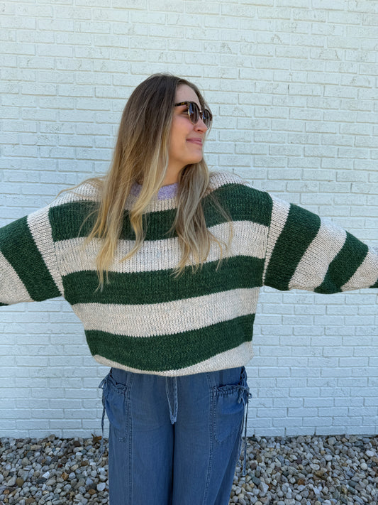 Cream and Green Striped Sweater