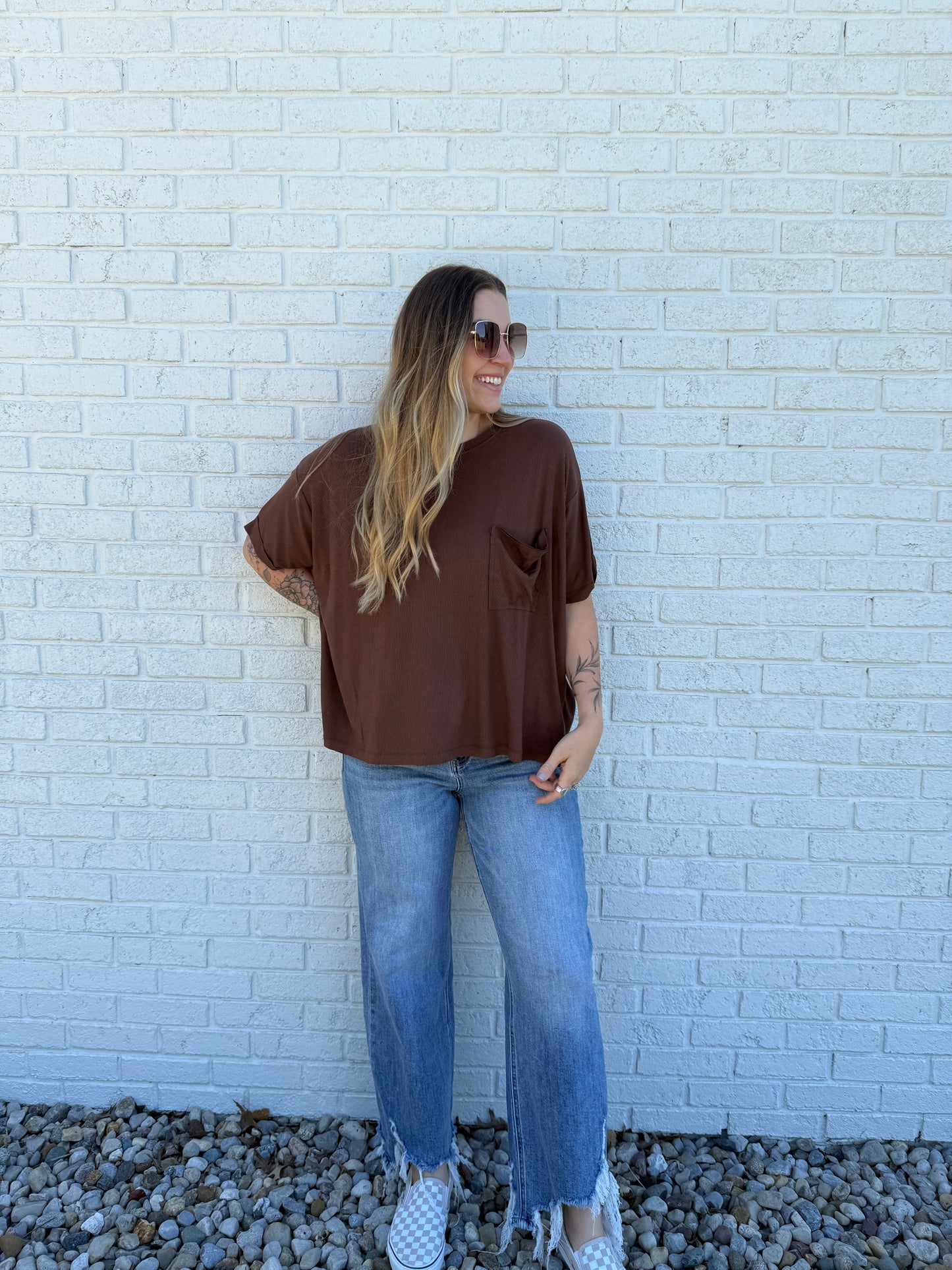Brown Ribbed Oversized Pocket Tee