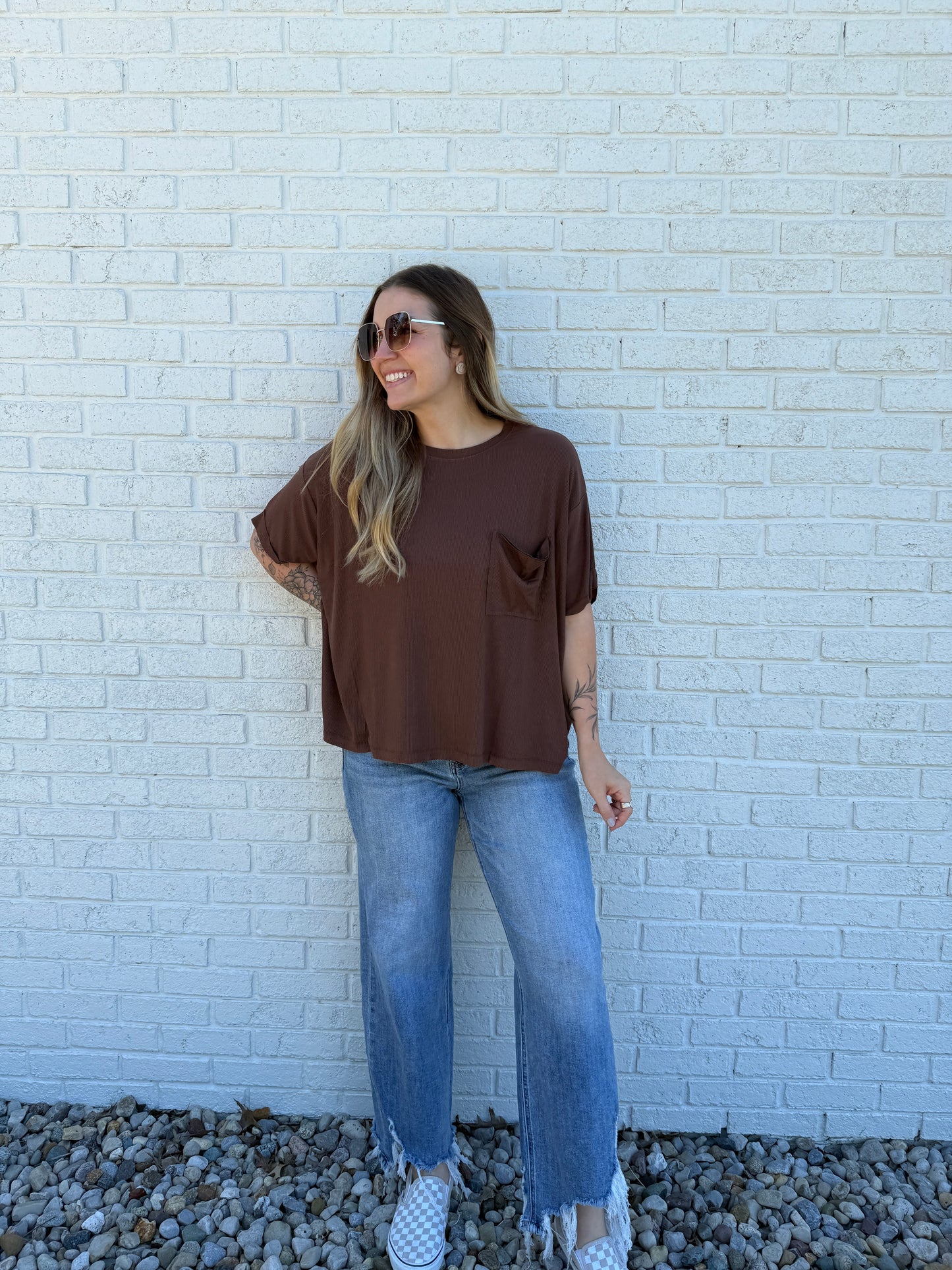 Brown Ribbed Oversized Pocket Tee