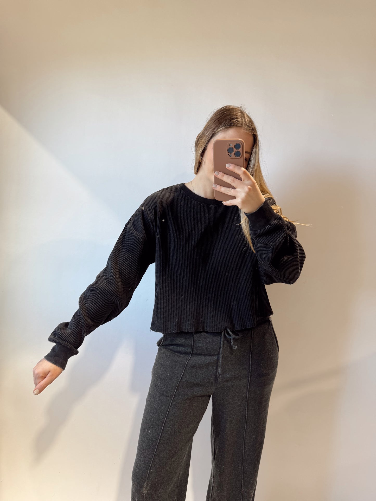 Waffle Knit Long Sleeve Black