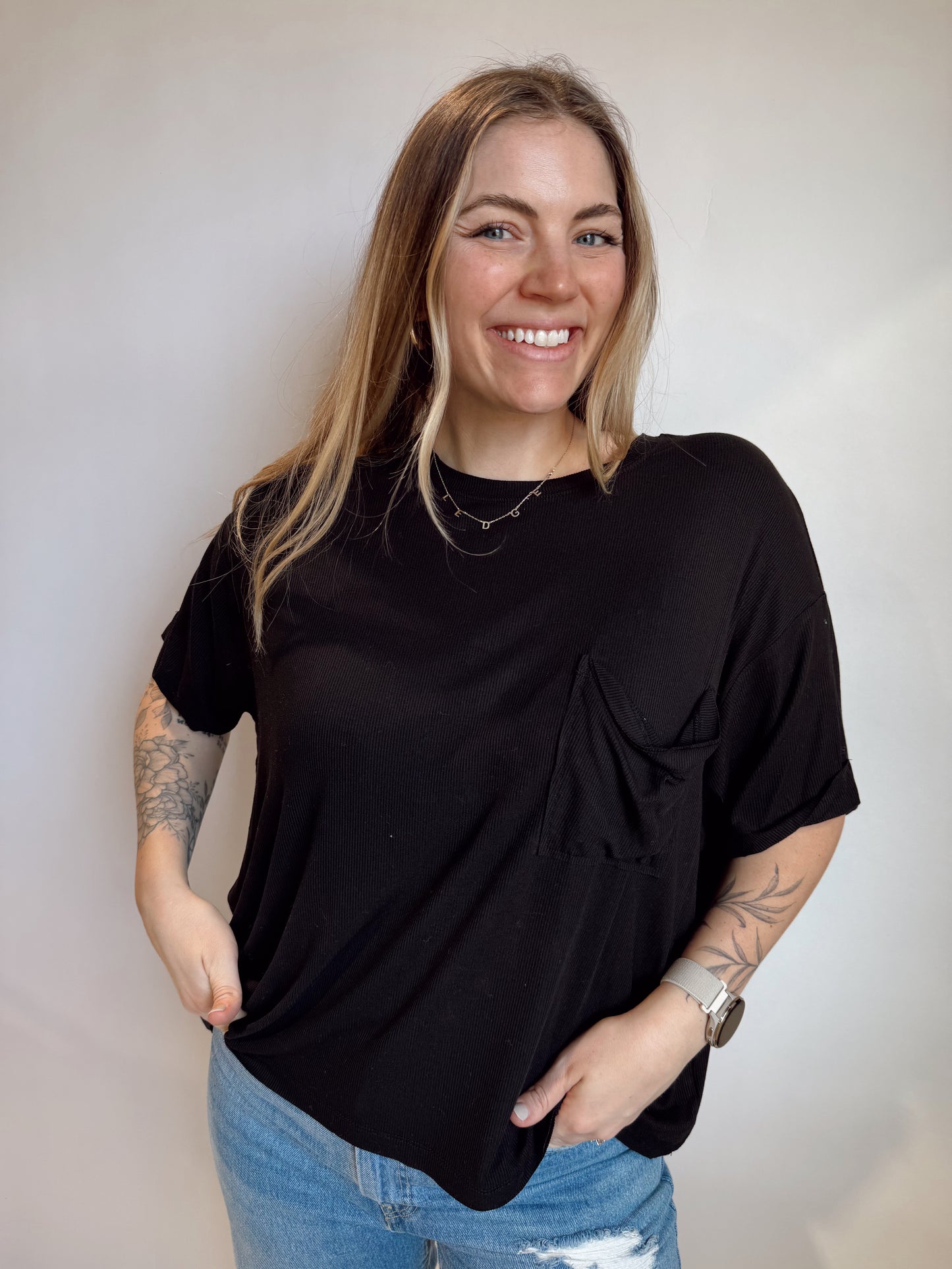 Black Ribbed Pocket Tee