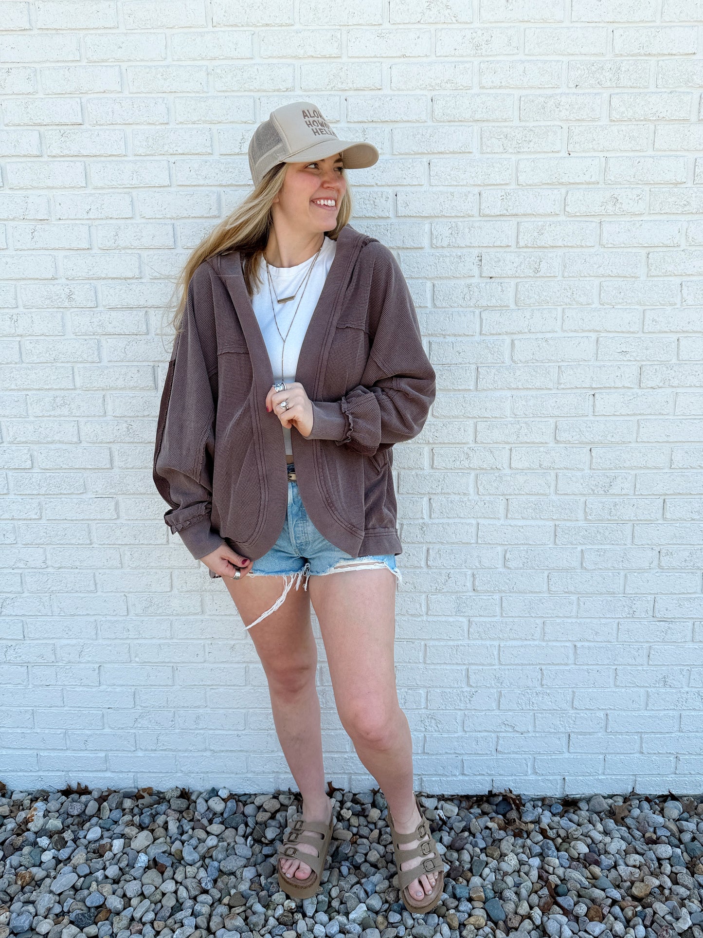 Waffle Knit Hooded Cardigan Brown