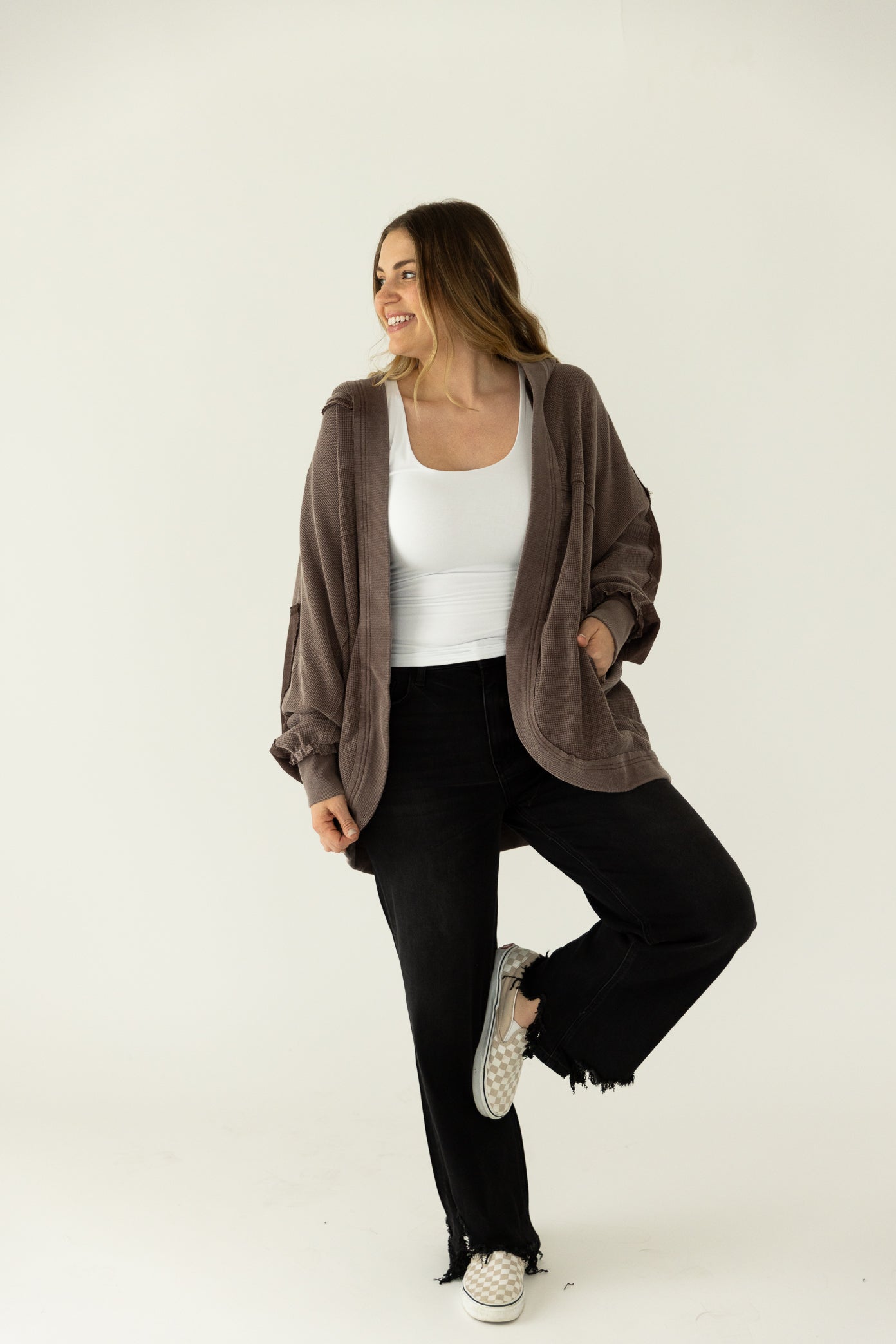 Waffle Knit Hooded Cardigan Brown