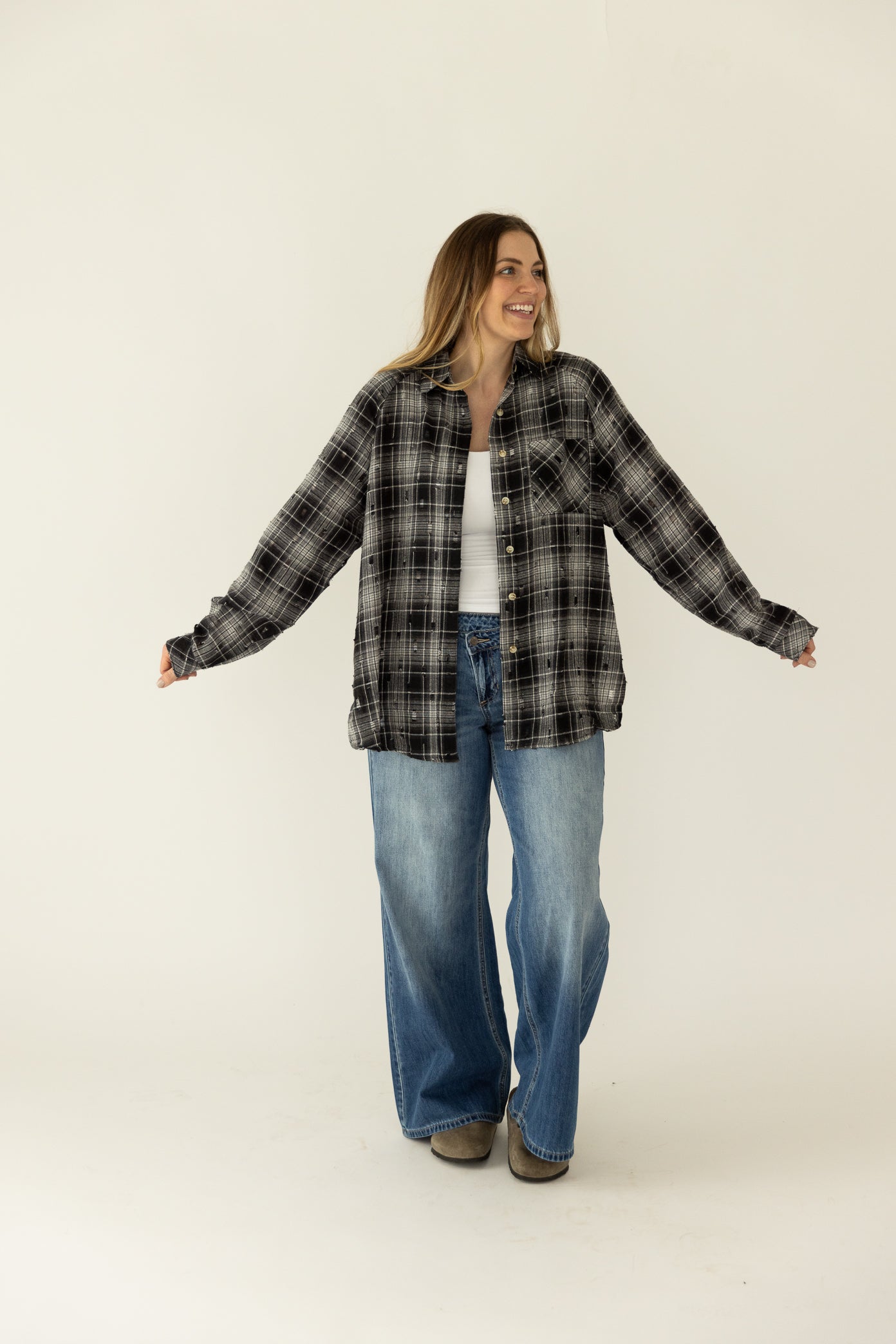 Black White Distressed Flannel