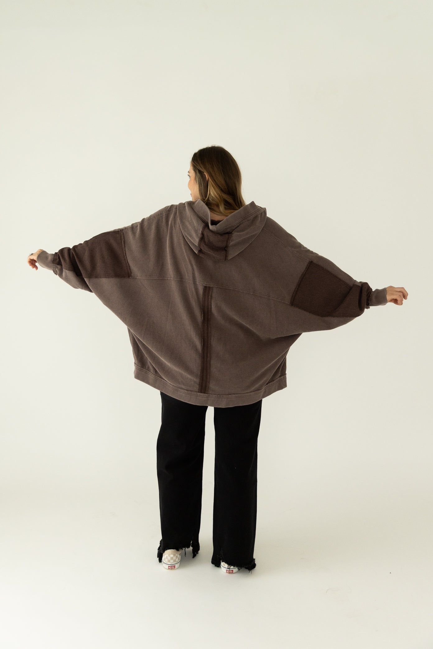 Waffle Knit Hooded Cardigan Brown