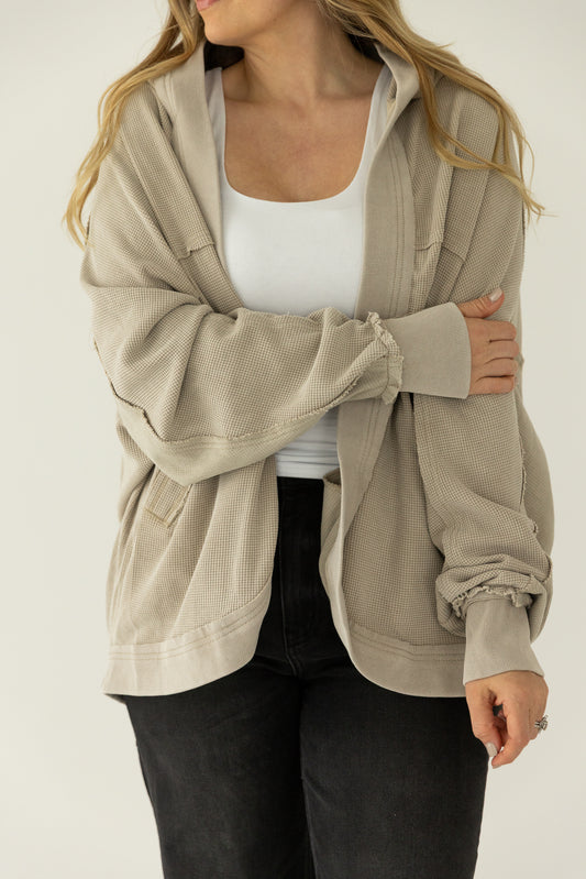 Waffle Knit Hooded Cardigan Oat