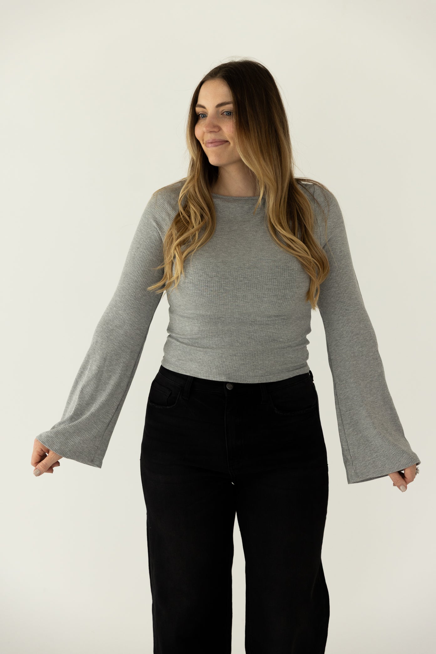 Grey Bell Sleeve Ribbed Basic