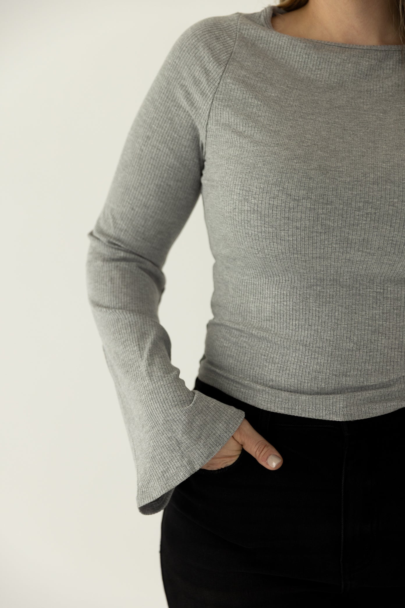 Grey Bell Sleeve Ribbed Basic