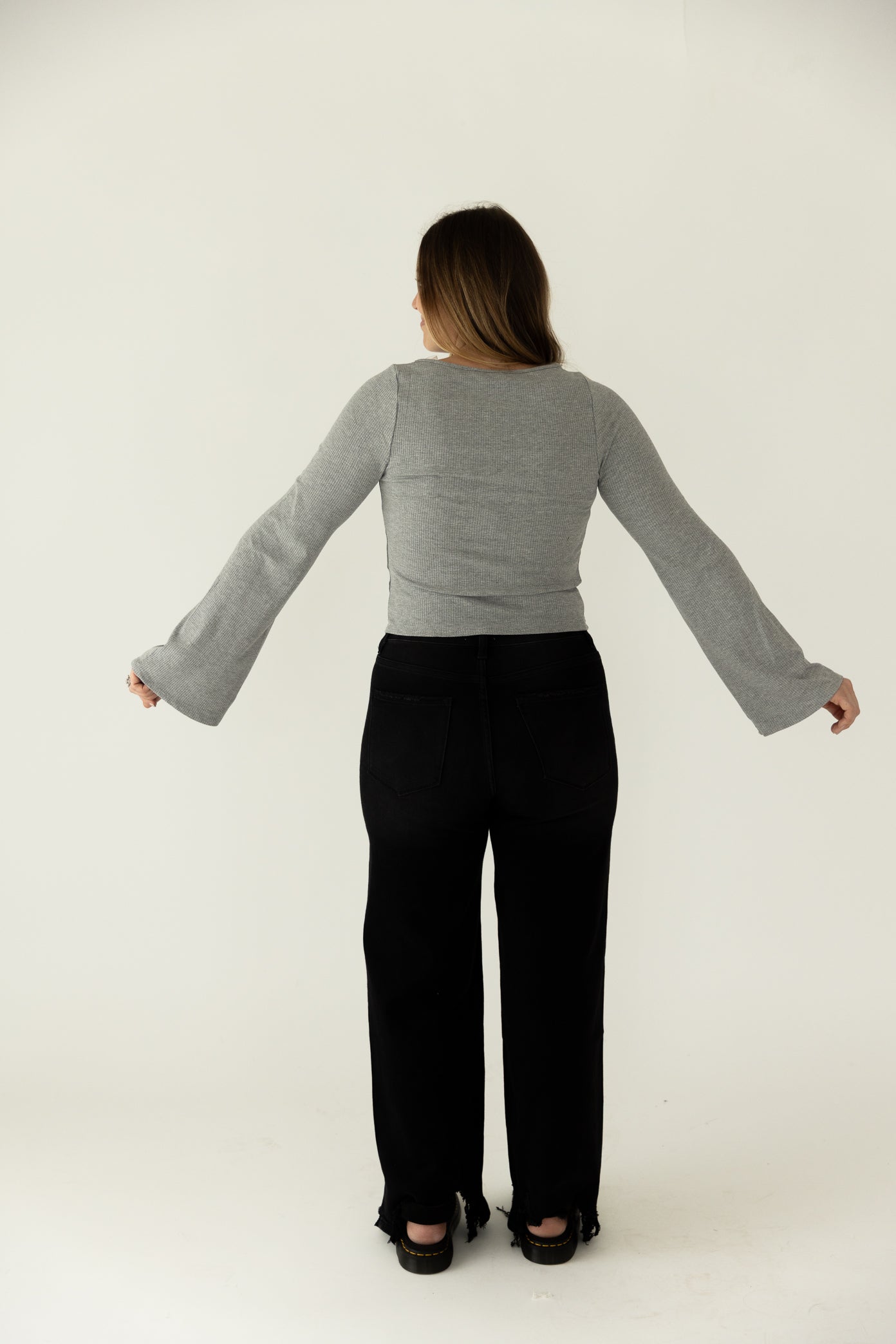 Grey Bell Sleeve Ribbed Basic