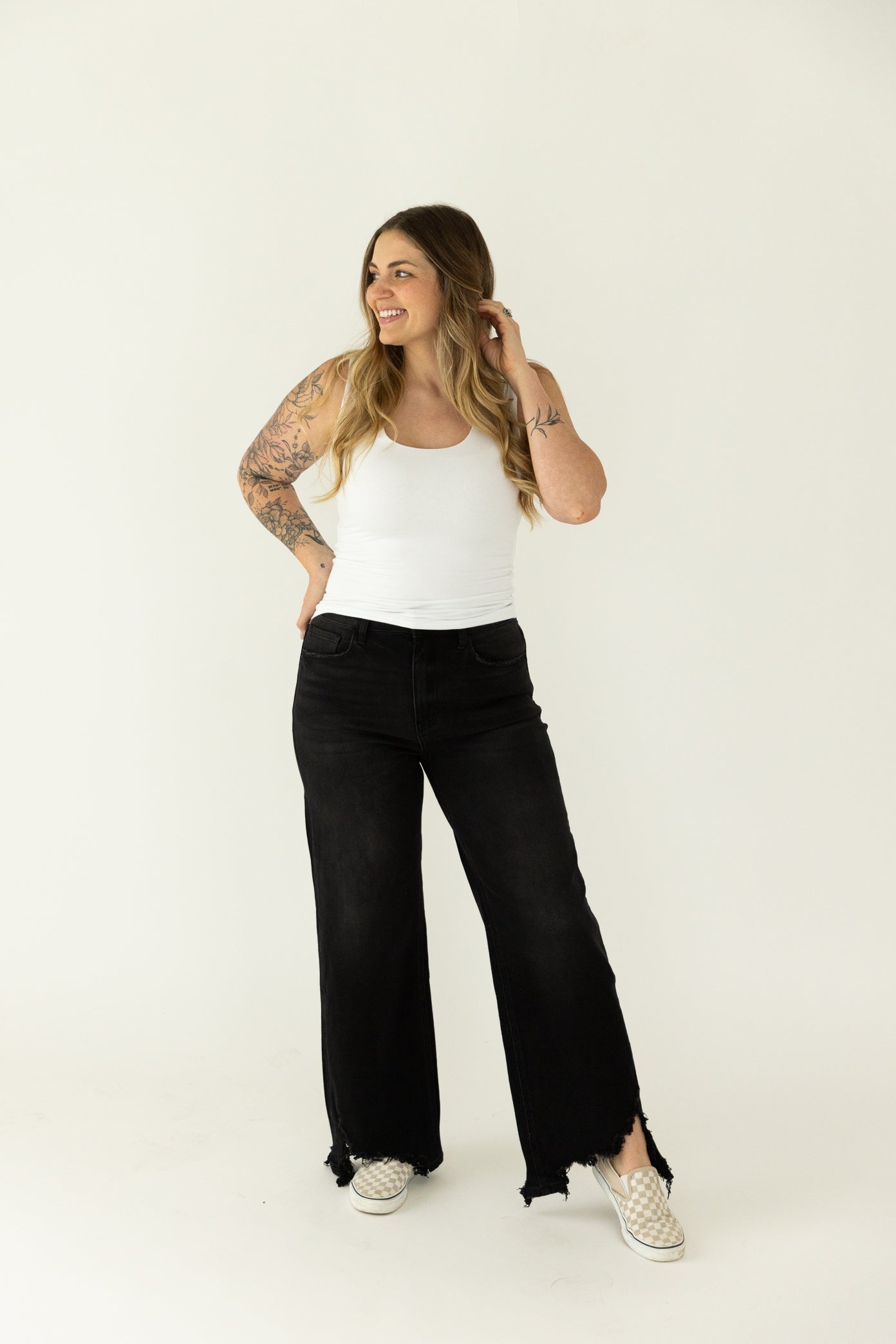 Black Distressed Hem Straight Fit Jeans