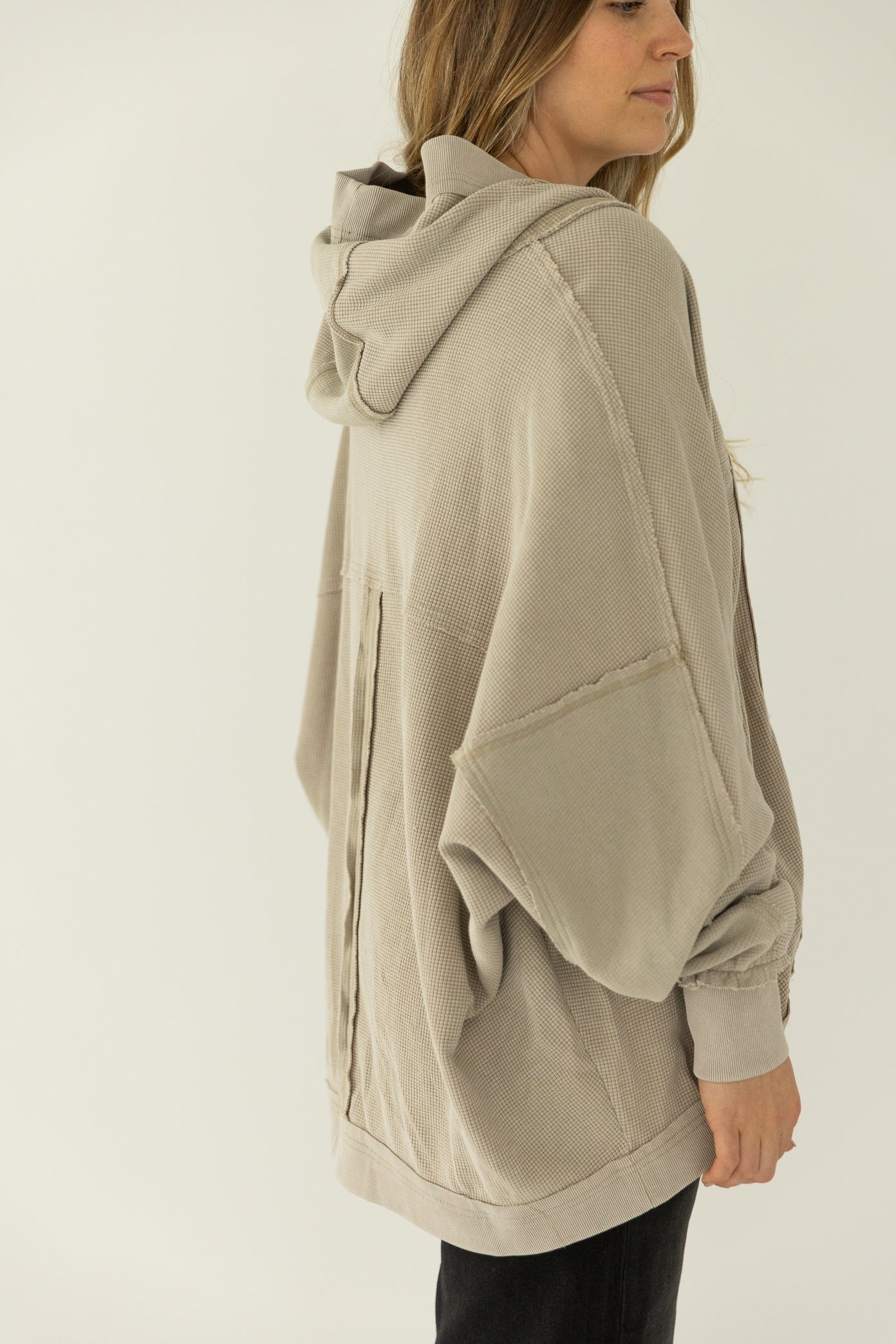 Waffle Knit Hooded Cardigan Oat