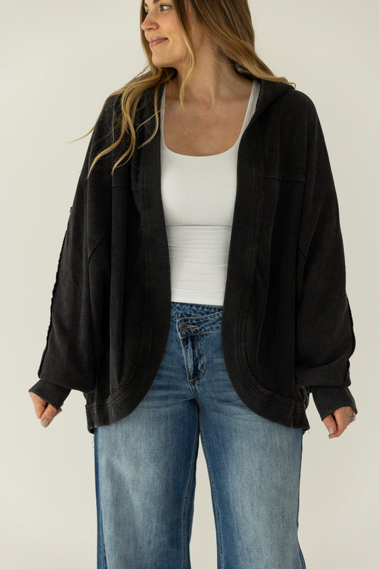 Waffle Knit Hooded Cardigan Black