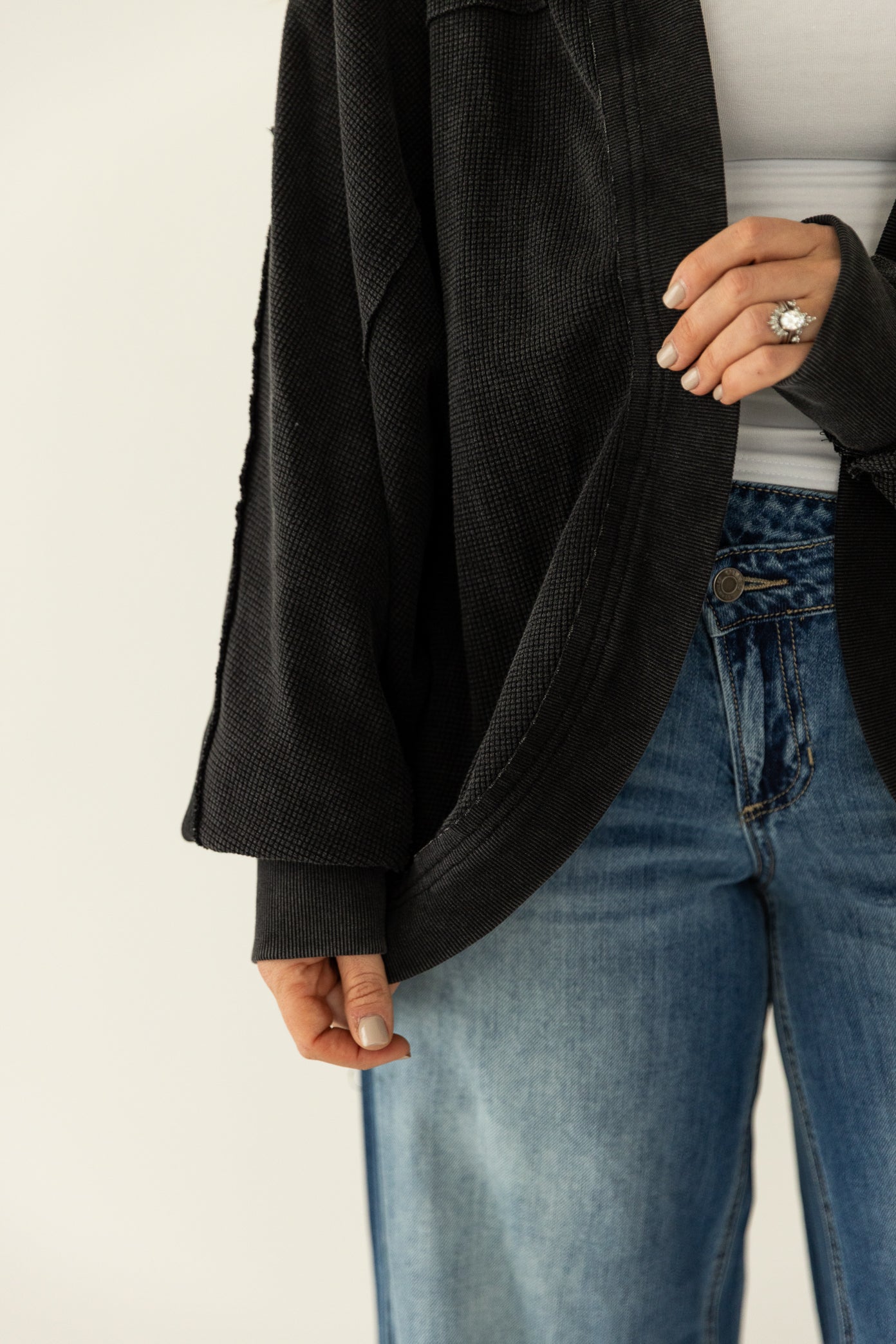 Waffle Knit Hooded Cardigan Black