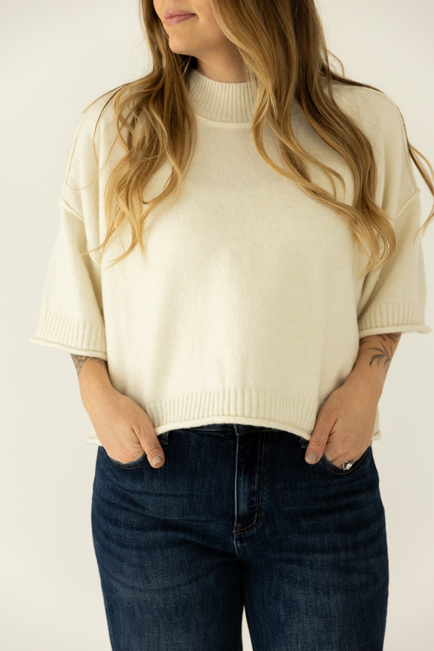 Cream Mock Neck Sweater Tee