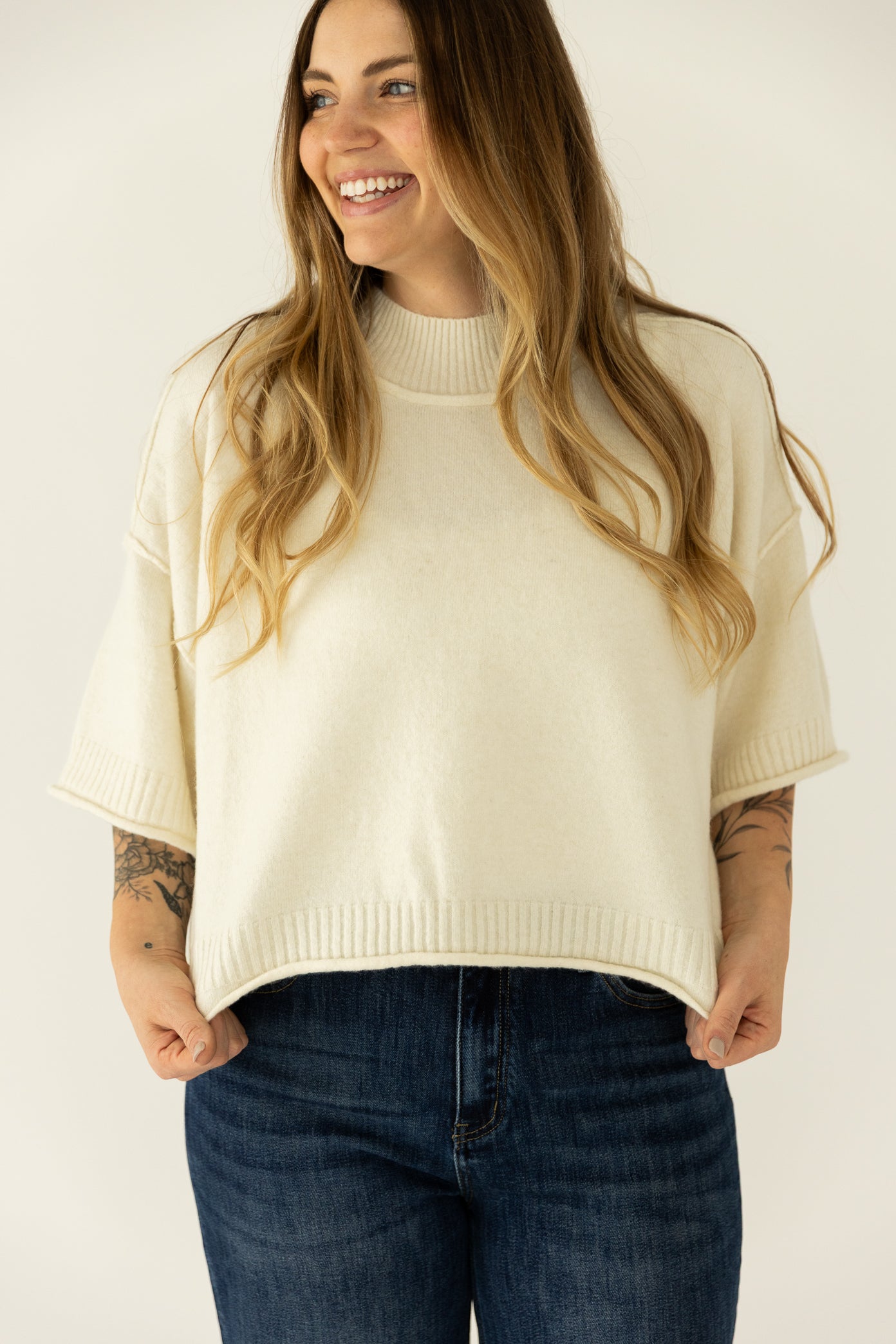 Cream Mock Neck Sweater Tee