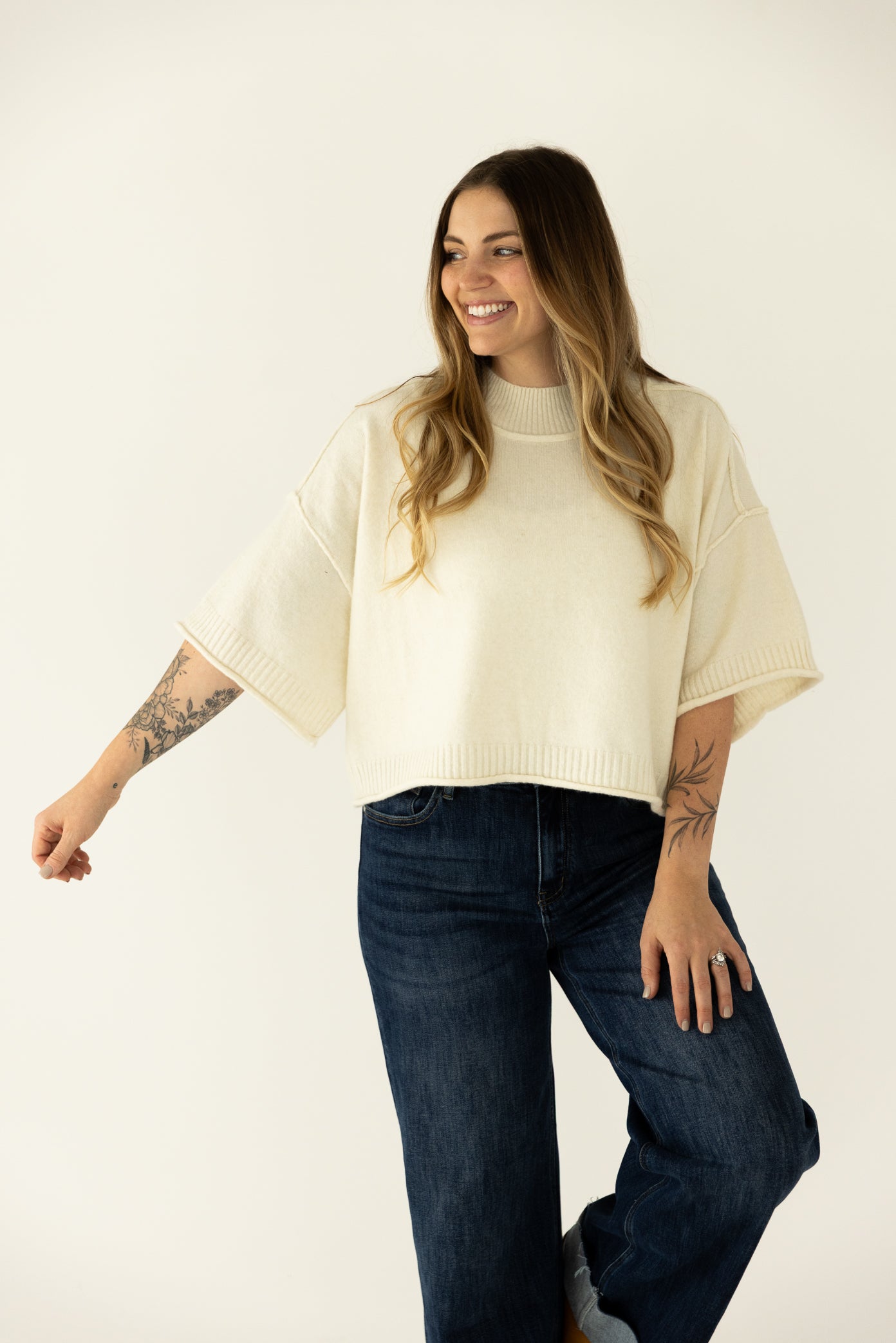 Cream Mock Neck Sweater Tee