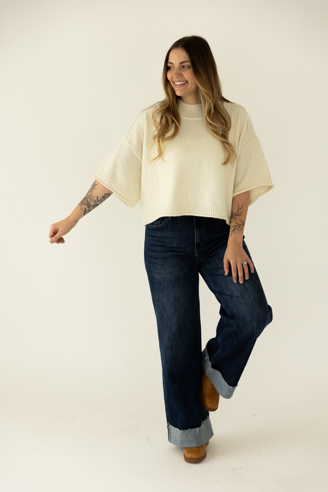 Cream Mock Neck Sweater Tee