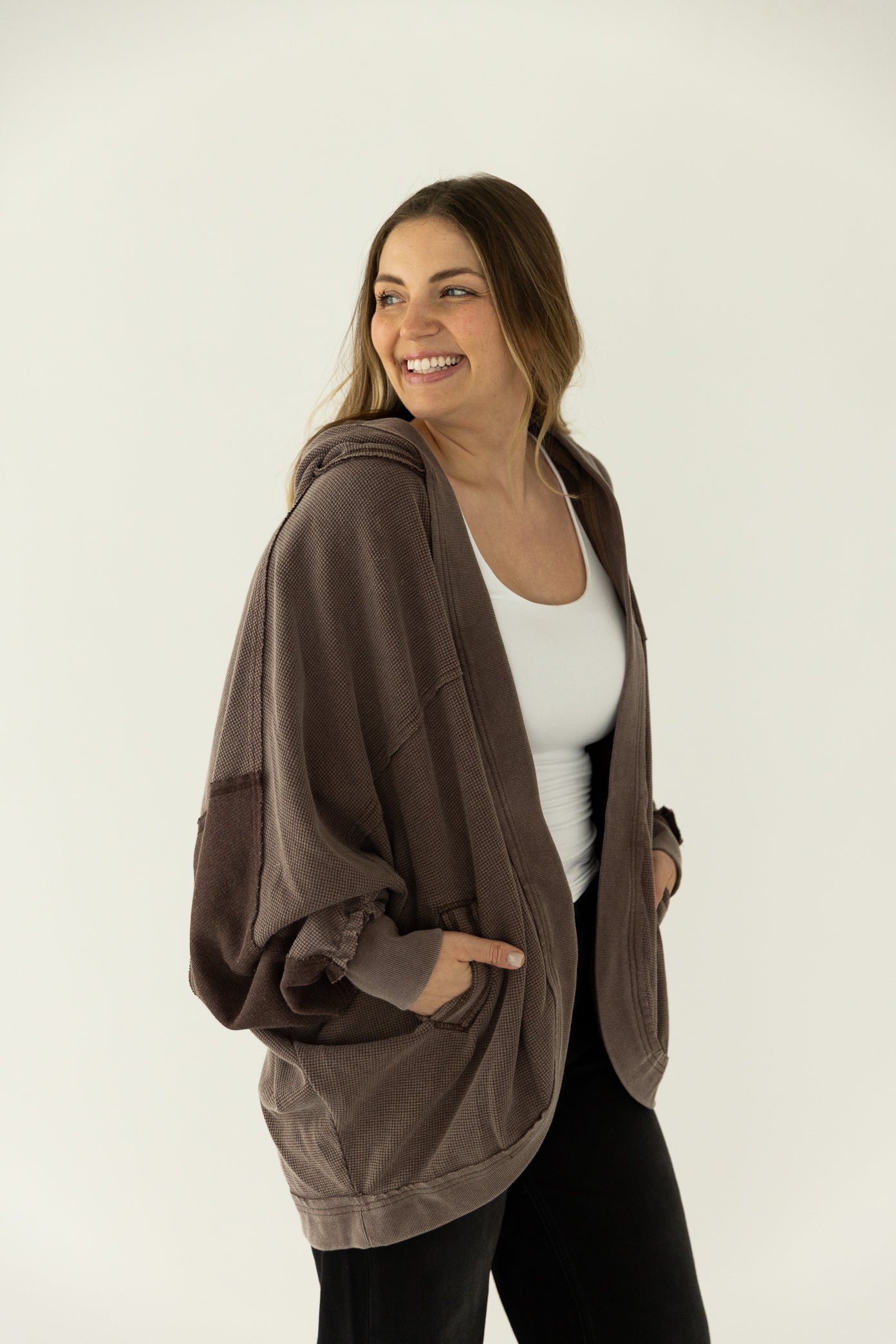 Waffle Knit Hooded Cardigan Brown