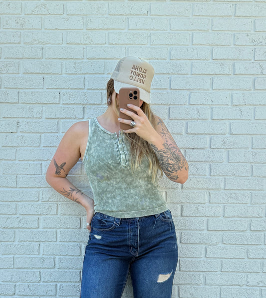 Olive Mineral Wash Ribbed Tank