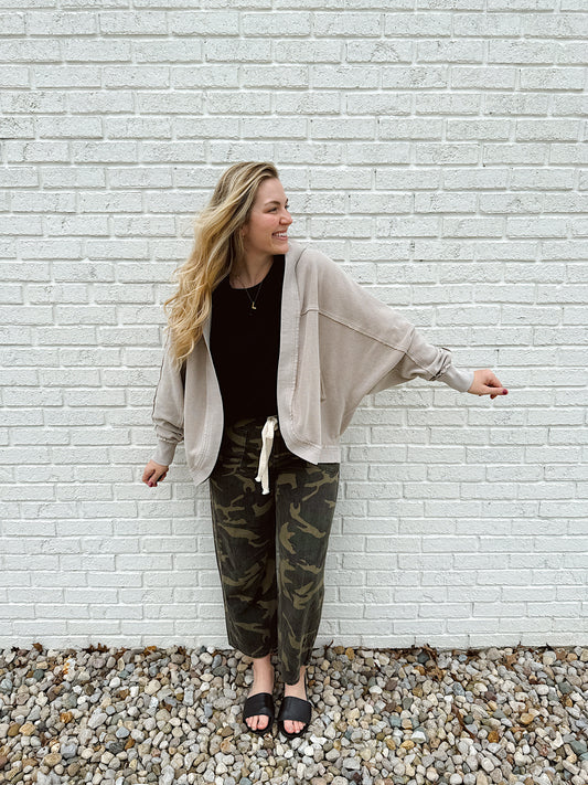 Waffle Knit Hooded Cardigan Oat