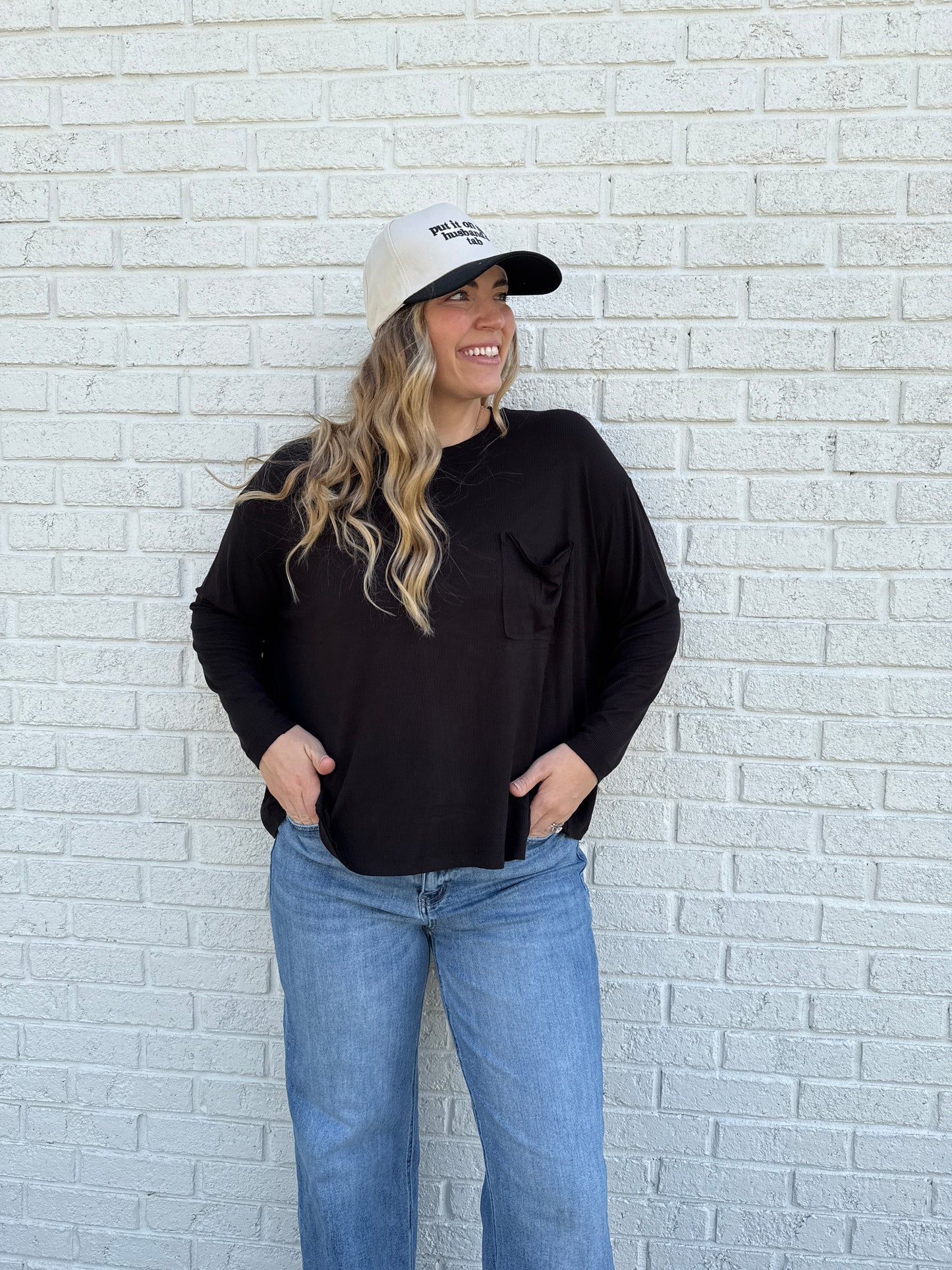 Ribbed Long Sleeve Pocket Tee Black