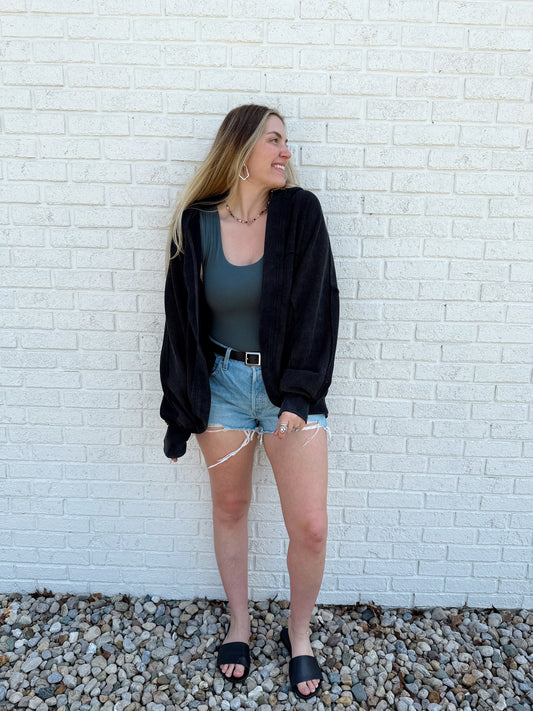 Waffle Knit Hooded Cardigan Black
