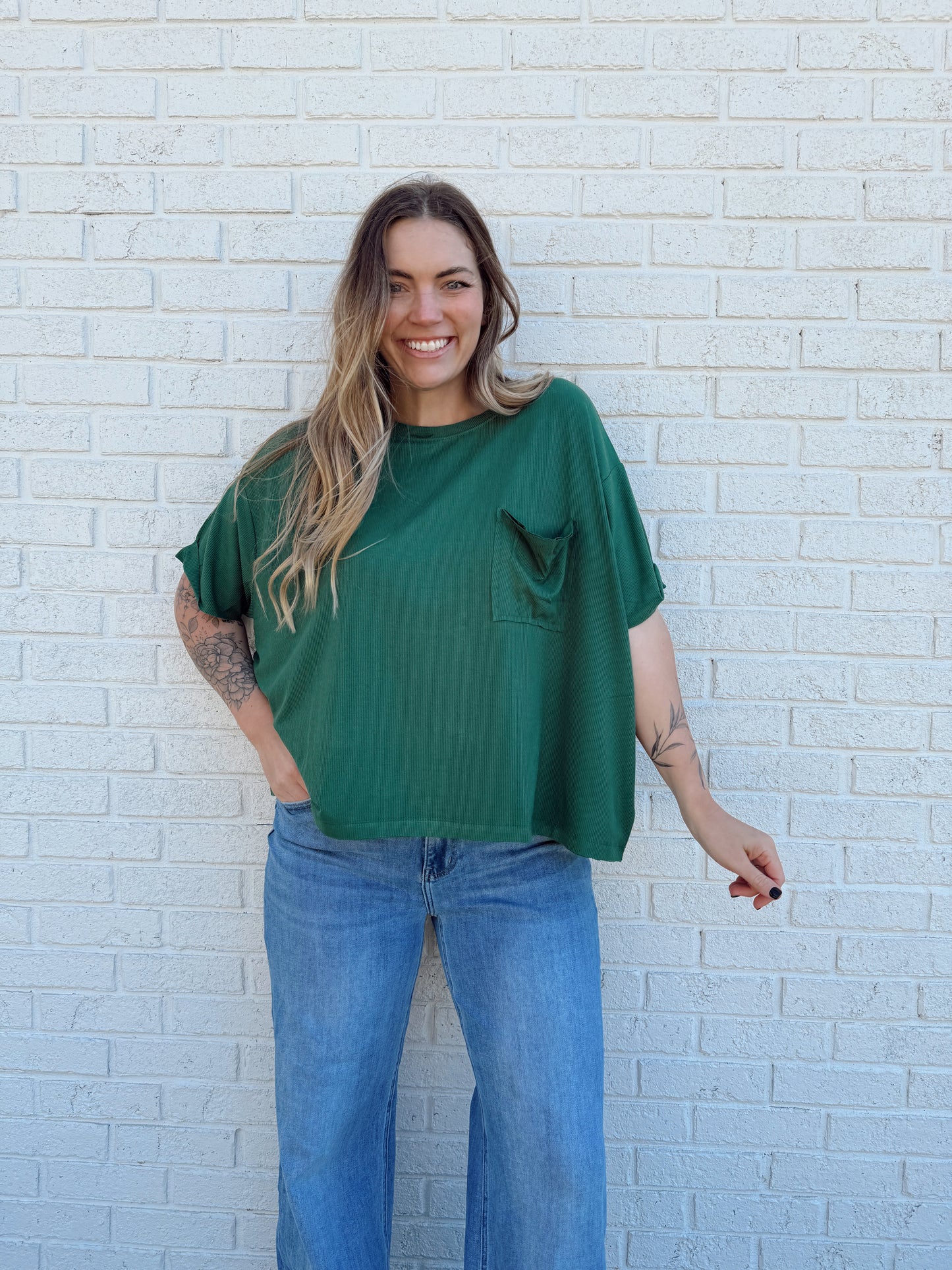 Green Ribbed Pocket Tee