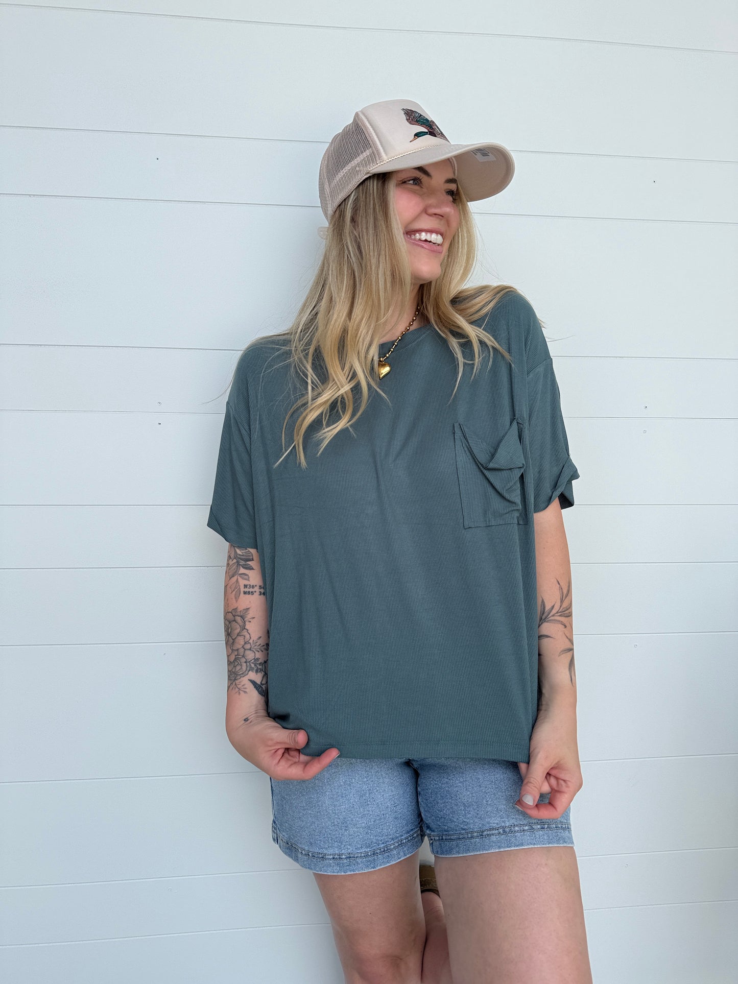 Jade Ribbed Pocket Tee
