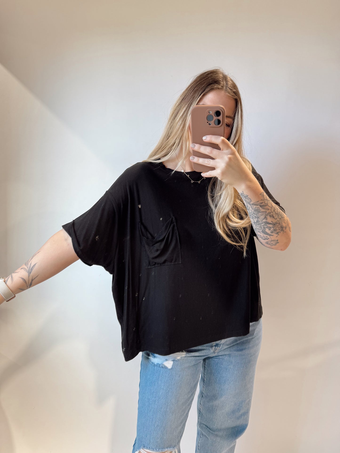 Black Ribbed Pocket Tee
