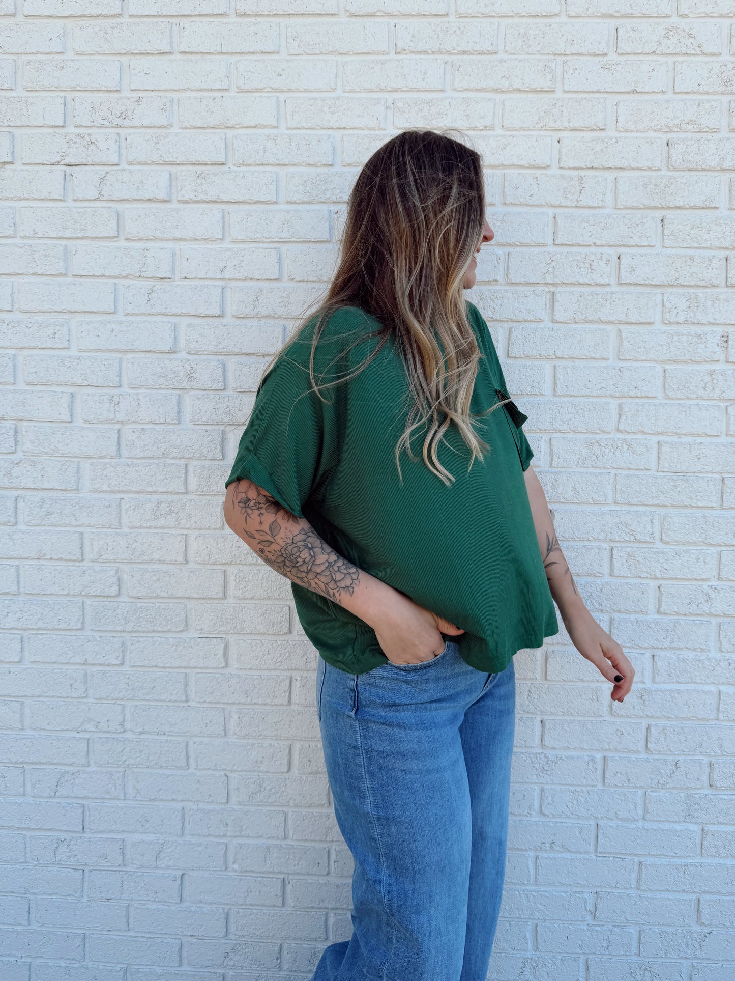 Green Ribbed Pocket Tee