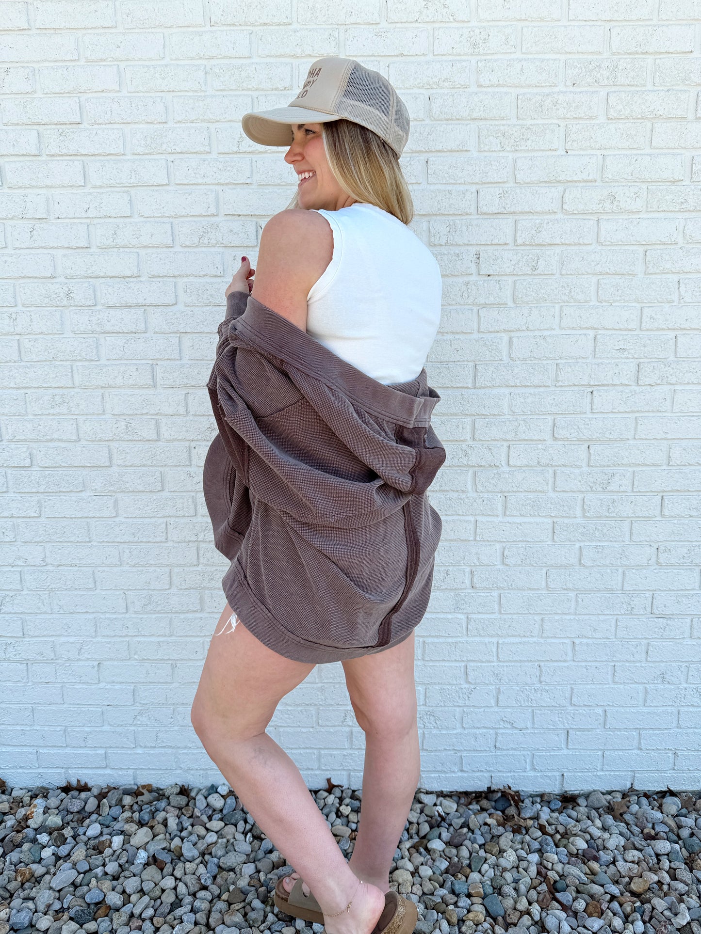 Waffle Knit Hooded Cardigan Brown