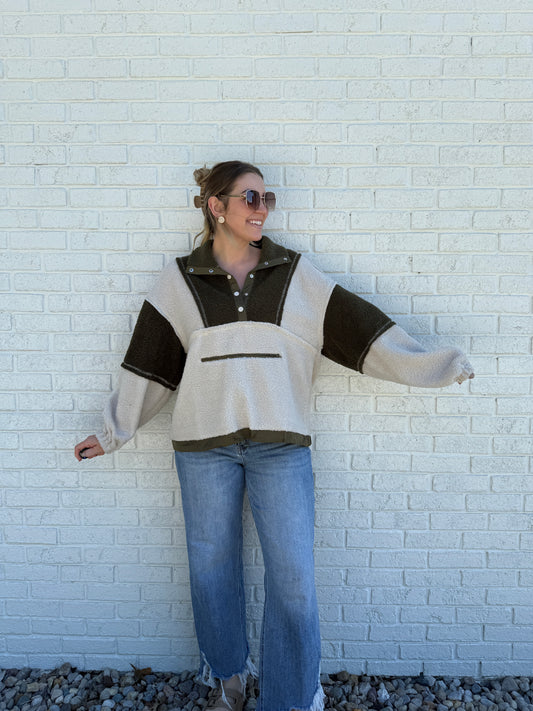 Olive/Oatmeal Sherpa Pullover