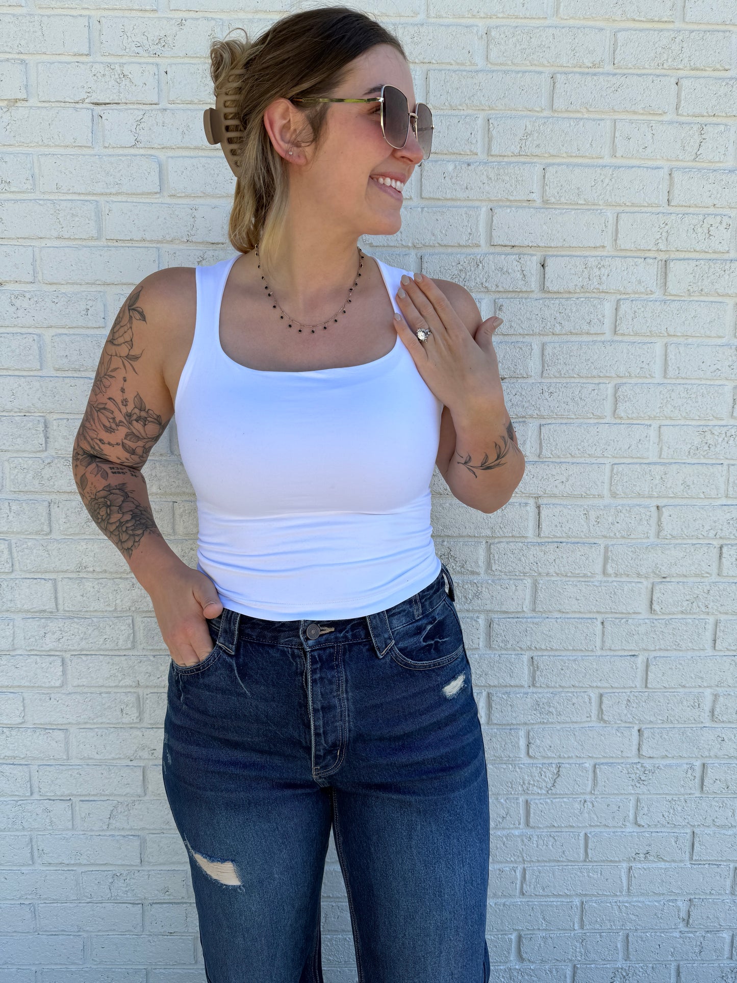 White Square Neck Tank