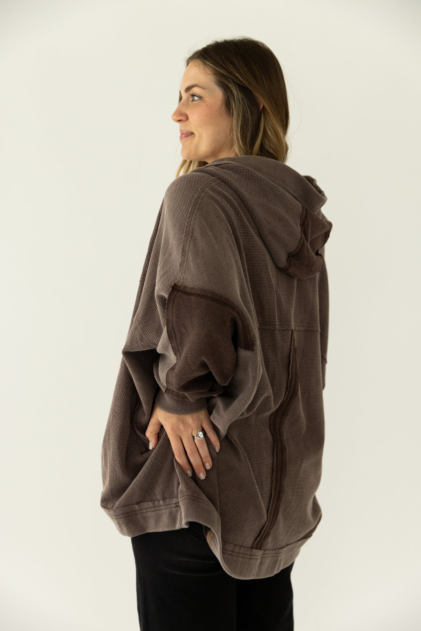 Waffle Knit Hooded Cardigan Brown