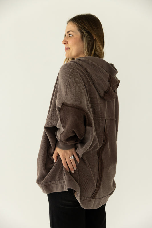 Waffle Knit Hooded Cardigan Brown