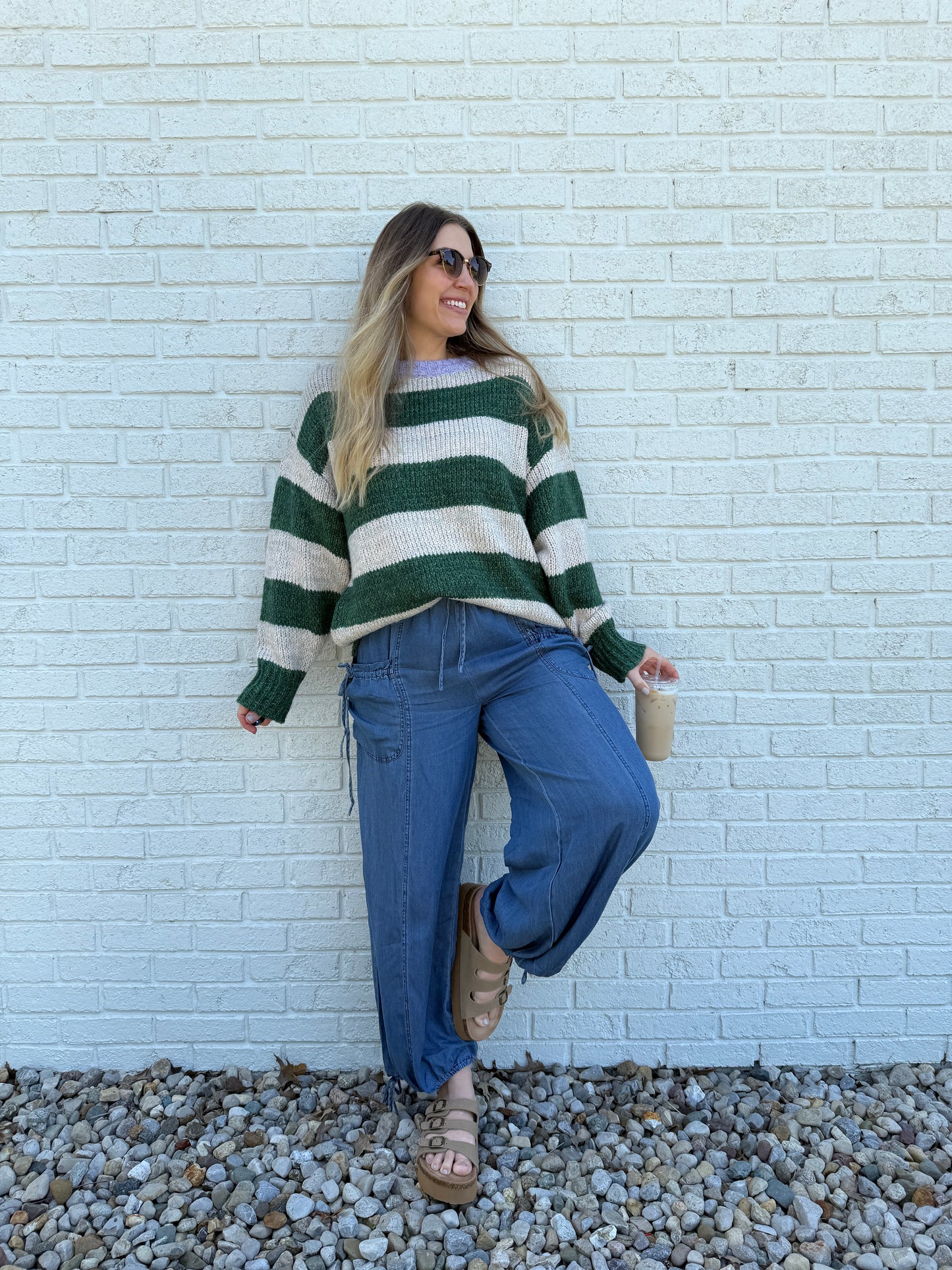 Cream and Green Striped Sweater