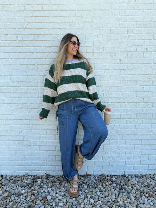 Cream and Green Striped Sweater