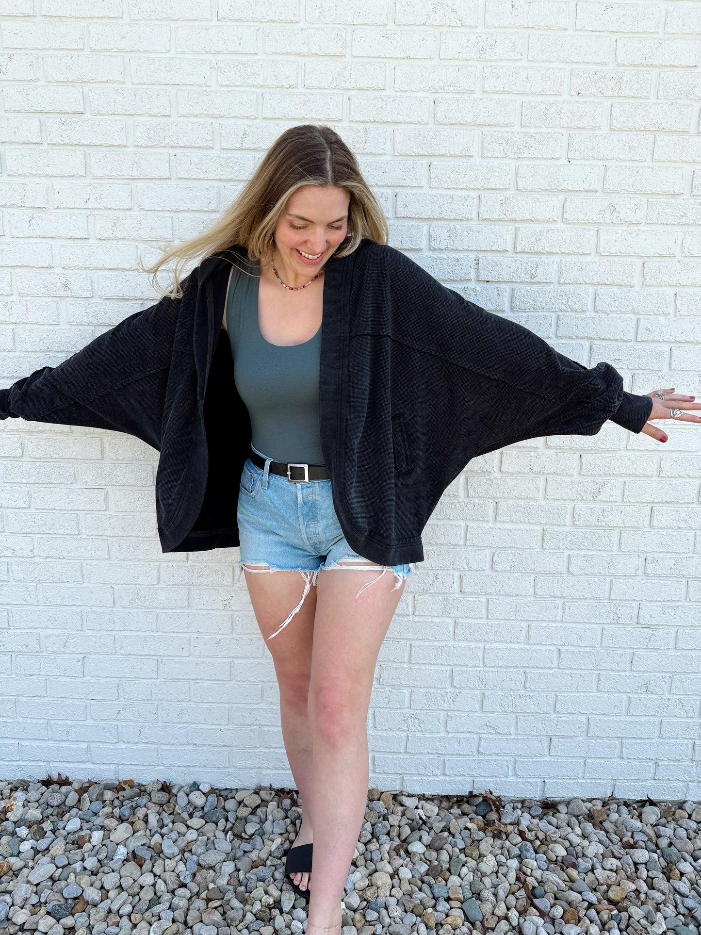 Waffle Knit Hooded Cardigan Black