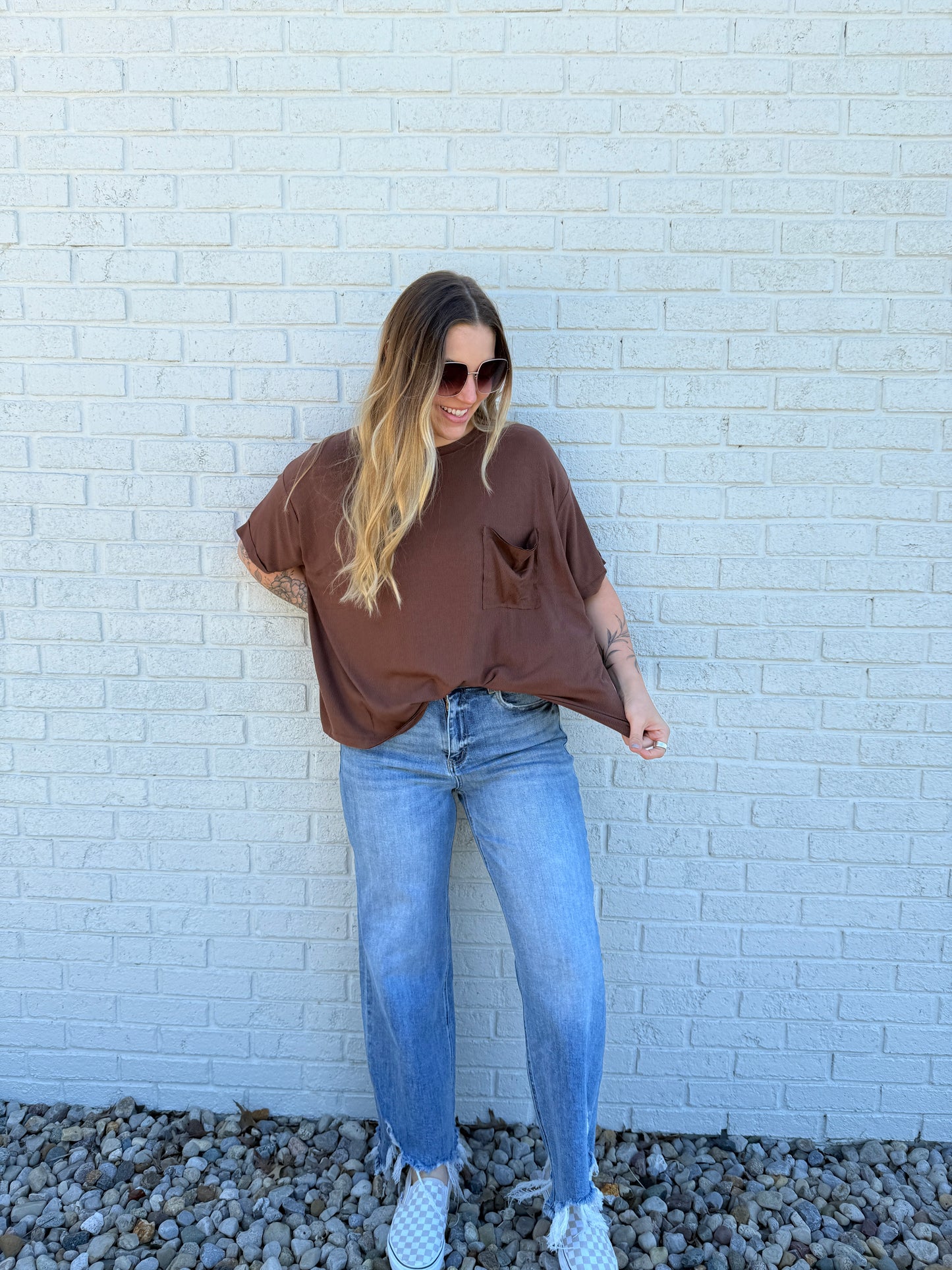 Brown Ribbed Oversized Pocket Tee
