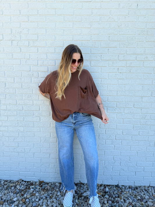 Brown Ribbed Oversized Pocket Tee