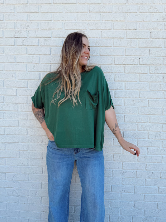 Green Ribbed Pocket Tee