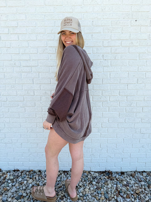 Waffle Knit Hooded Cardigan Brown
