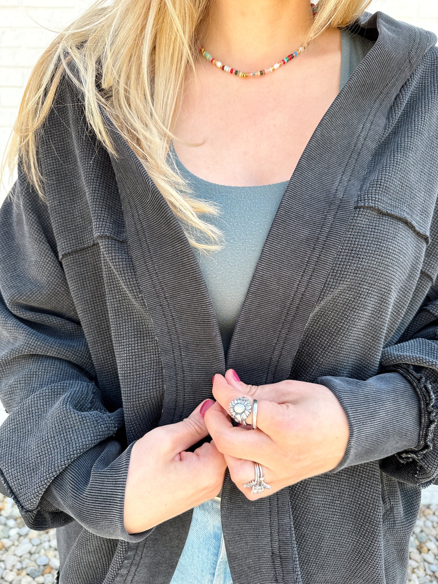 Waffle Knit Hooded Cardigan Black