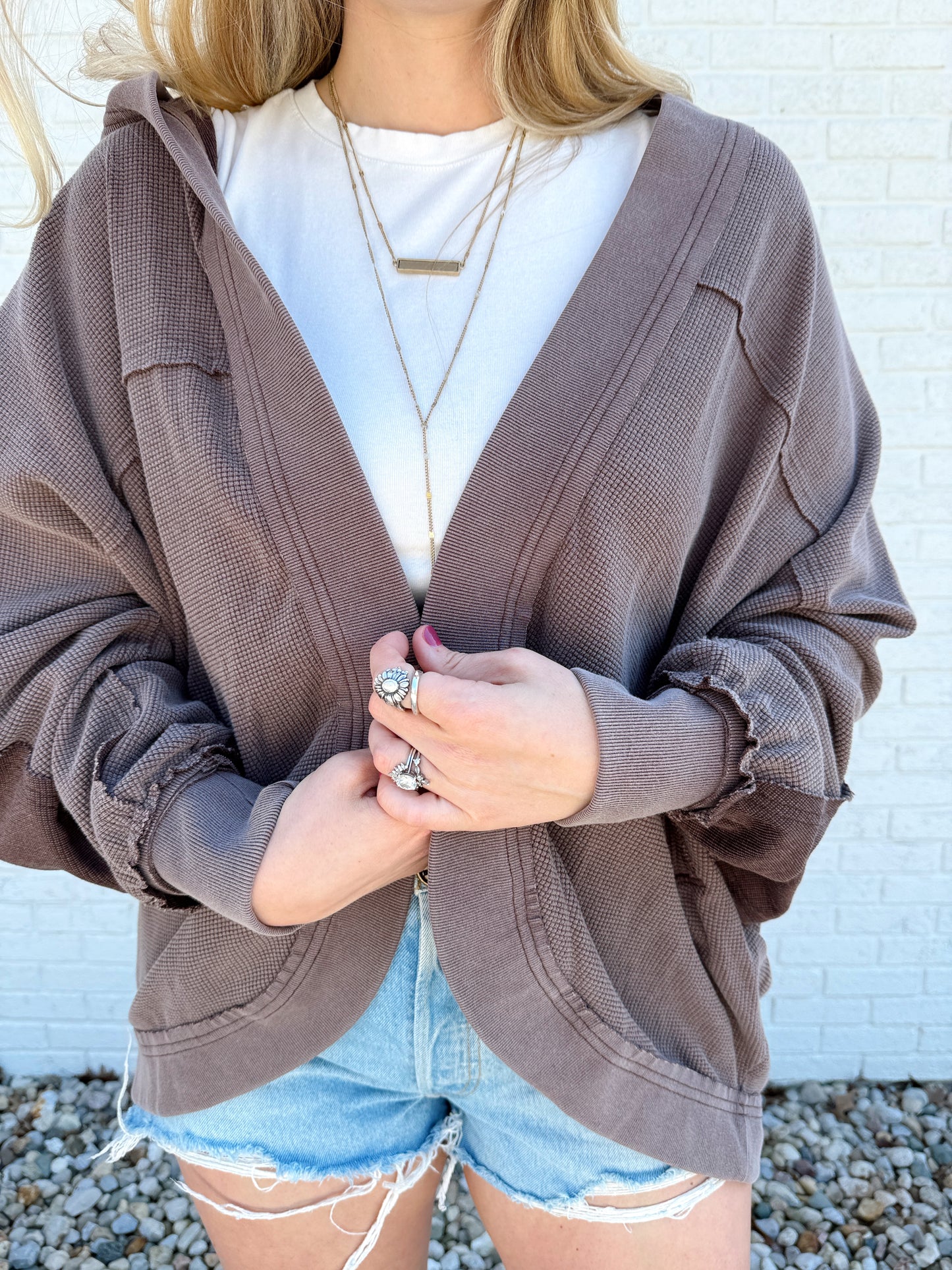 Waffle Knit Hooded Cardigan Brown
