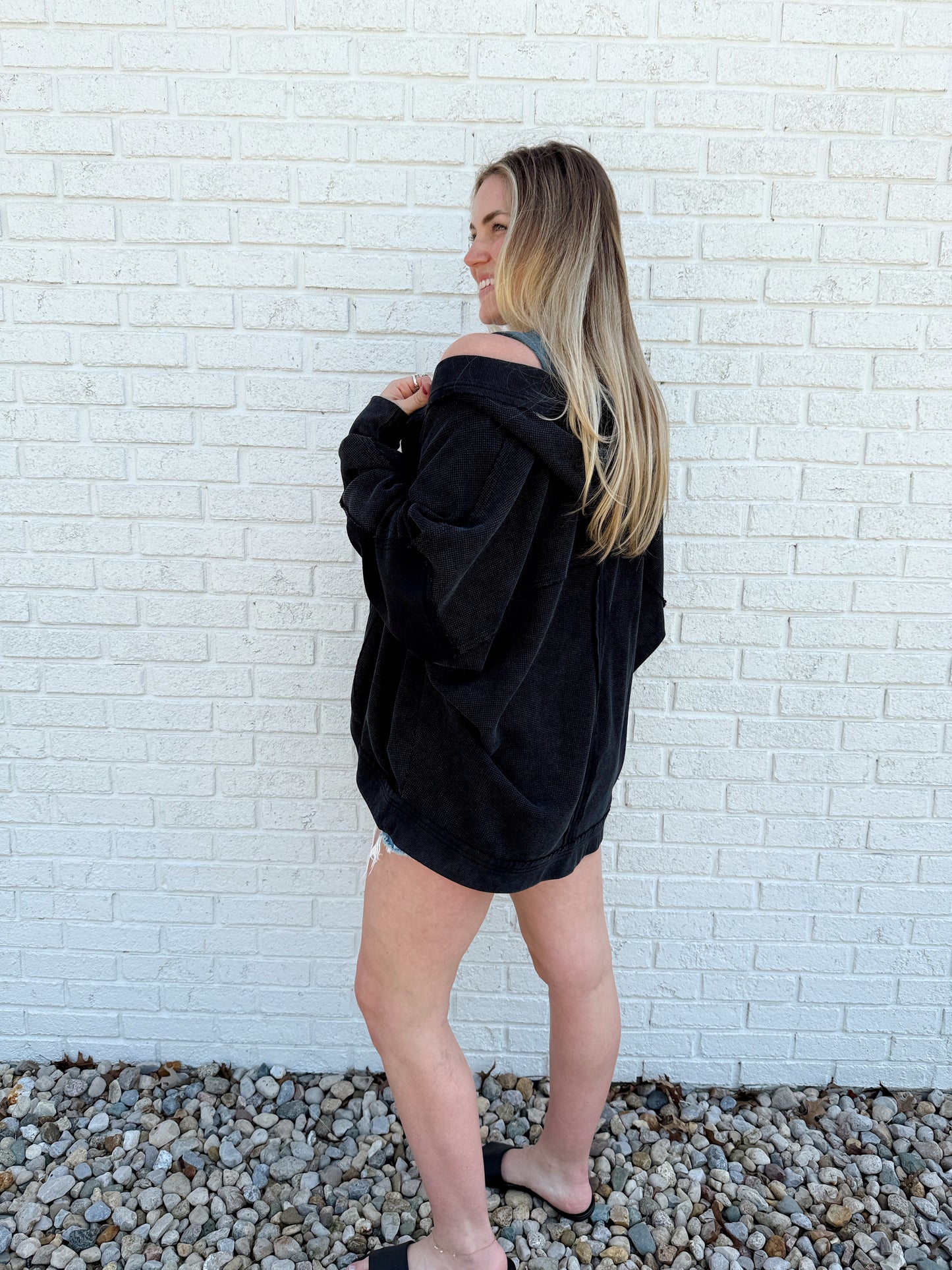 Waffle Knit Hooded Cardigan Black